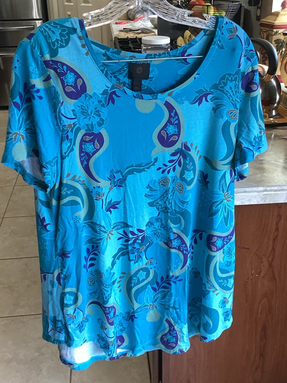 JM Collection Turquoise Floral Scoop Neck Short Sleeve Top
